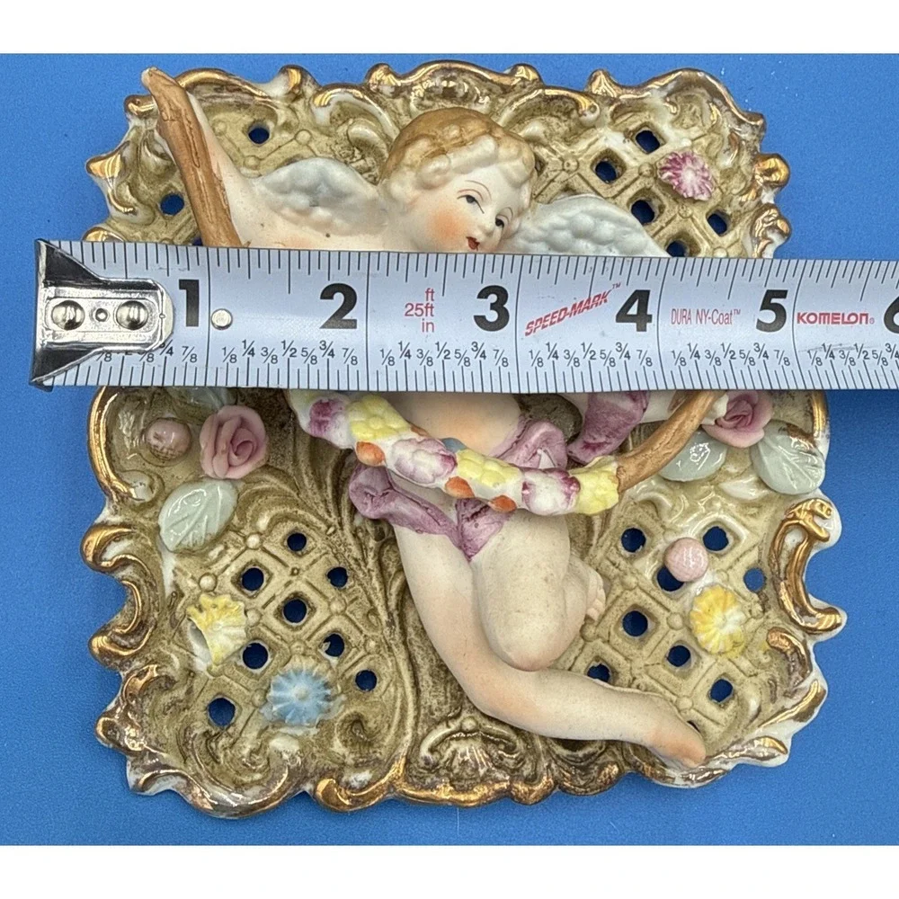 Vintage UCAGCO Japan Cherub Wall Plaque Hand Painted Porcelain Cupid Gold Lace